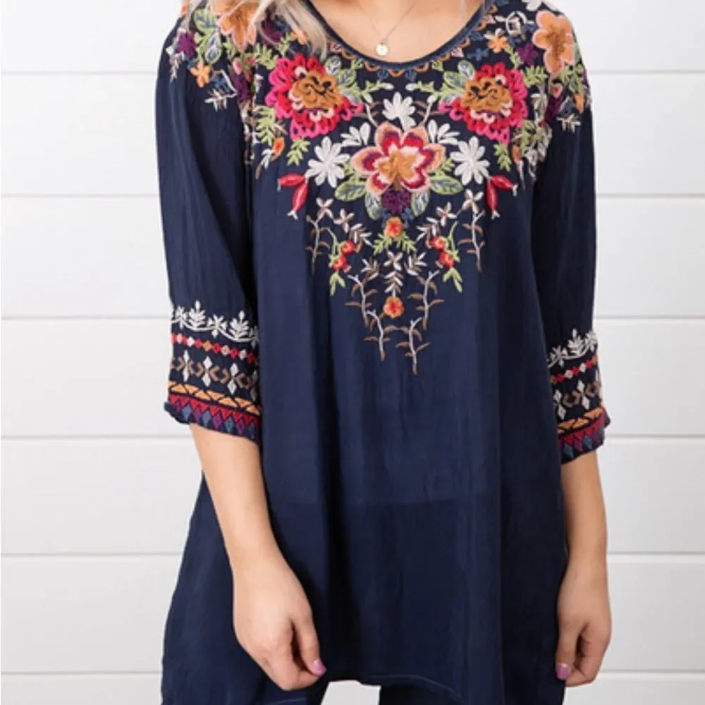Johnny Was Shaylee Embroidered Floral Design Blue Tunic Top Bohemian Festival